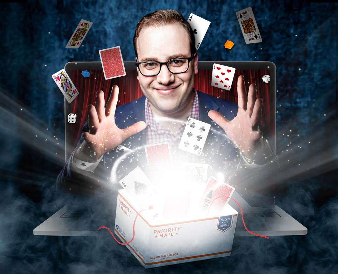 Scott Green with an open shipping box in promotional artwork for Magic Together.
