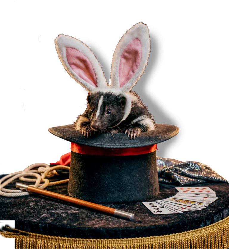 A skunk wearing bunny ears in a top hat